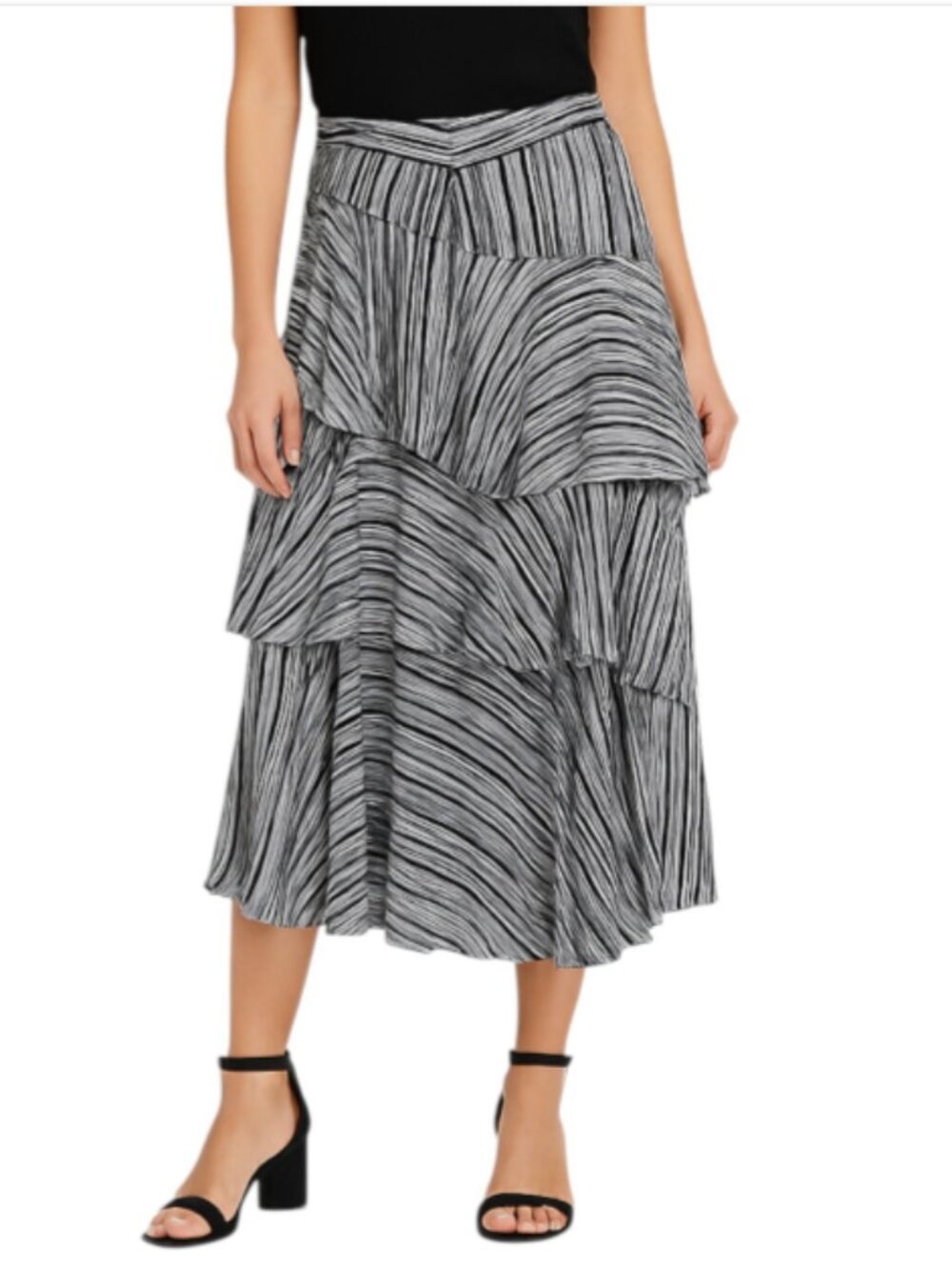 INC Size 10 Black and White Striped Midi Skirt Tiered Handkerchief Hem Party